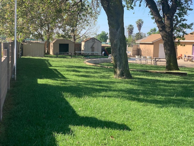 view of yard featuring a storage unit