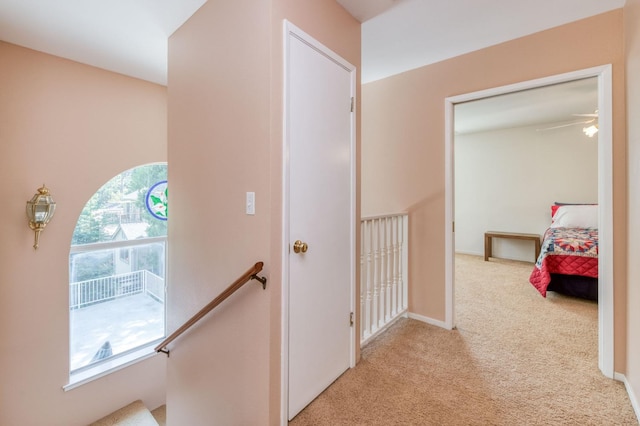 hallway featuring light colored carpet