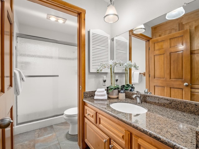 bathroom featuring vanity, toilet, and a stall shower