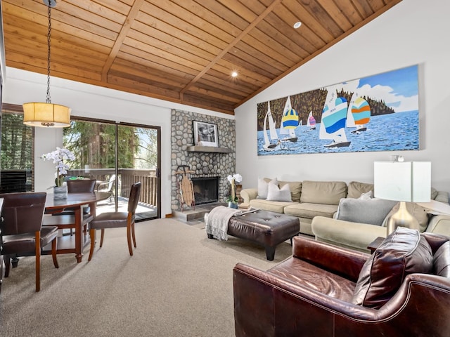 carpeted living room with lofted ceiling, wood ceiling, and a fireplace