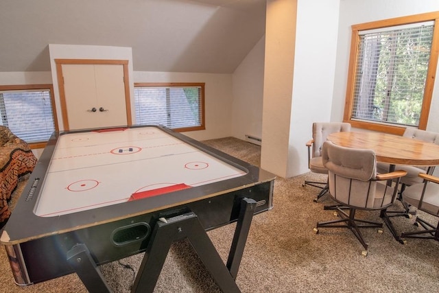 playroom featuring baseboard heating, carpet flooring, and vaulted ceiling