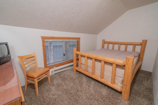 bedroom featuring vaulted ceiling, carpet floors, a textured ceiling, and baseboard heating