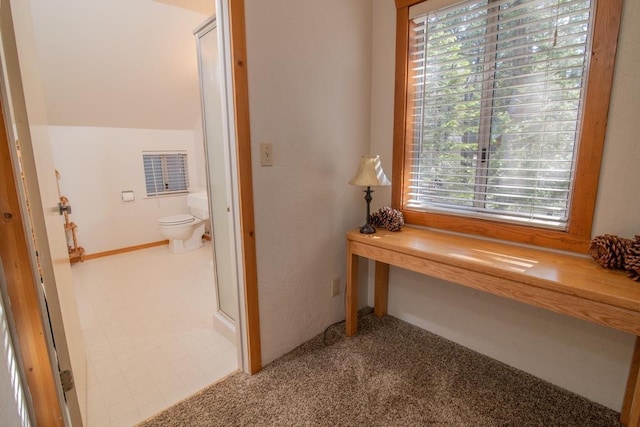 interior space featuring vaulted ceiling and carpet flooring