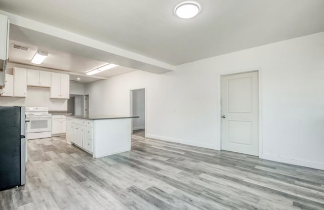 12647 E Clarkson Ave, Kingsburg, CA 93631 - kitchen with white cabinetry, white electric range, stainless steel fridge, and light wood-type flooring