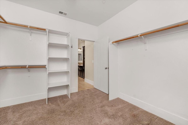 walk in closet with light carpet