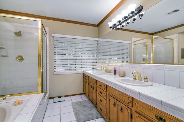 bathroom featuring crown molding, tasteful backsplash, vanity, plus walk in shower, and tile patterned floors