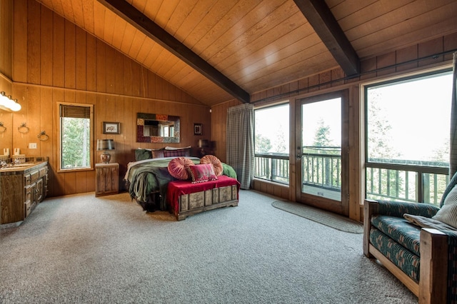 carpeted bedroom with wood ceiling, wooden walls, access to exterior, and lofted ceiling with beams