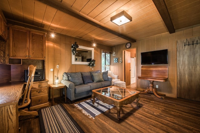 living room featuring beam ceiling, wooden walls, wooden ceiling, and dark hardwood / wood-style floors