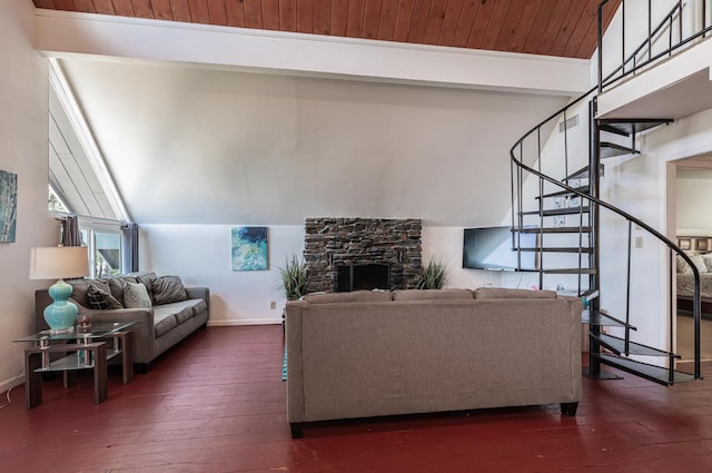 living room featuring dark wood-style flooring, a fireplace, stairway, wood ceiling, and baseboards