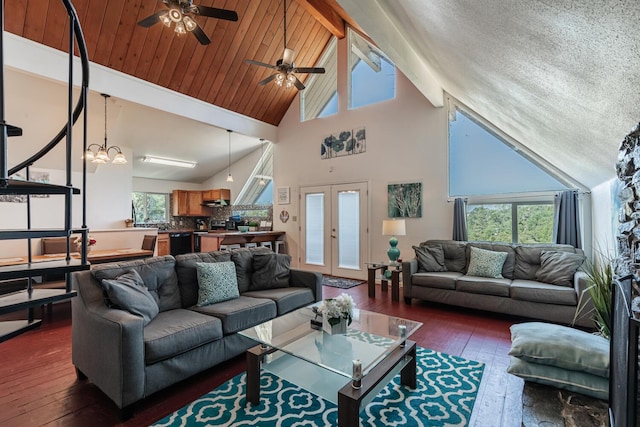 living room featuring french doors, a healthy amount of sunlight, dark wood finished floors, and wooden ceiling