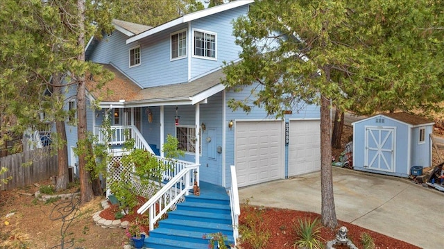 view of front of property featuring a storage unit, a garage, and a porch