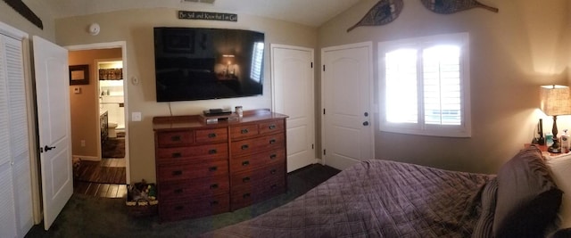 bedroom featuring dark wood-type flooring and vaulted ceiling