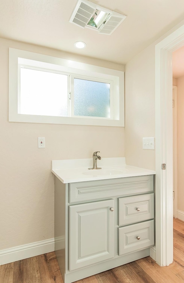 bathroom with hardwood / wood-style flooring and vanity