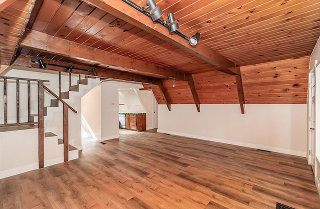 unfurnished living room featuring wood-type flooring, vaulted ceiling with beams, and wood ceiling