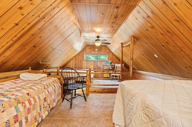 carpeted bedroom featuring wooden walls, wooden ceiling, and vaulted ceiling