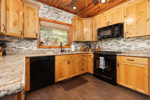 kitchen featuring light stone countertops, backsplash, black appliances, and wooden ceiling