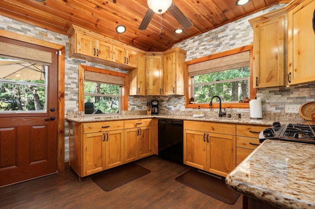 kitchen featuring dishwasher, sink, wooden ceiling, and light stone counters