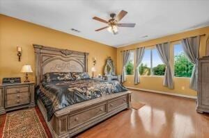 bedroom with ceiling fan and wood-type flooring