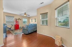 living room with ceiling fan, wood-type flooring, and a wealth of natural light