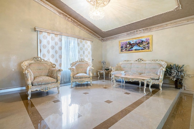 sitting room with ornamental molding, lofted ceiling, and a chandelier