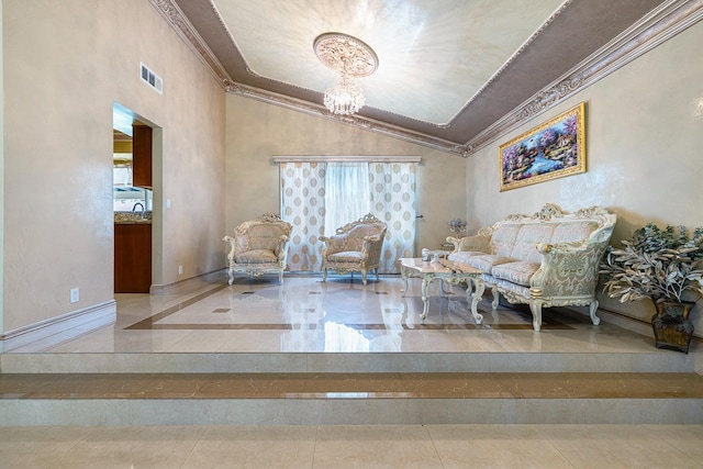 sitting room with lofted ceiling, a notable chandelier, and crown molding