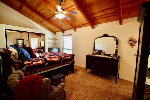 carpeted bedroom with wood ceiling, ceiling fan, and vaulted ceiling with beams