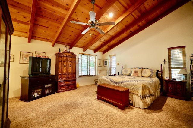 carpeted bedroom featuring beamed ceiling, wooden ceiling, and high vaulted ceiling