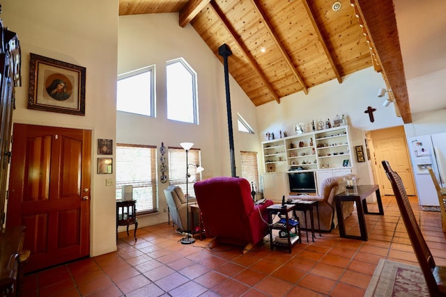 tiled living room with beamed ceiling, high vaulted ceiling, and wooden ceiling