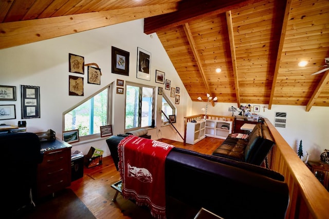 living room with beamed ceiling, wood ceiling, dark hardwood / wood-style flooring, and high vaulted ceiling