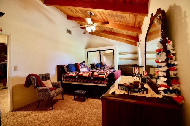 bedroom featuring carpet, vaulted ceiling with beams, and wood ceiling