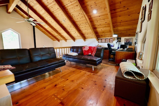 living room with wood ceiling, beam ceiling, wood-type flooring, and high vaulted ceiling