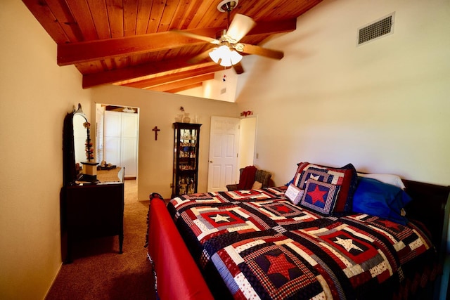 bedroom featuring ceiling fan, lofted ceiling with beams, wooden ceiling, and dark colored carpet