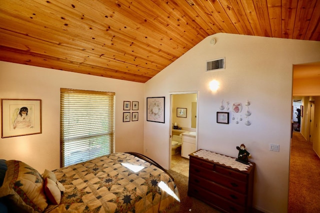 bedroom featuring wood ceiling, ensuite bathroom, and vaulted ceiling
