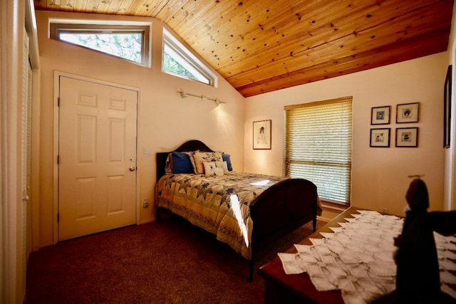 carpeted bedroom with vaulted ceiling and wood ceiling