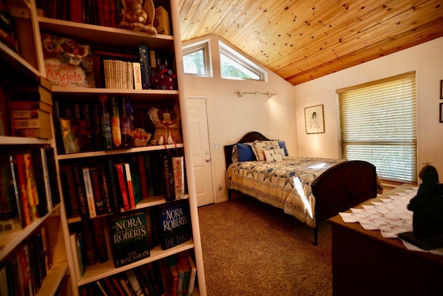 bedroom with lofted ceiling, carpet floors, and wood ceiling
