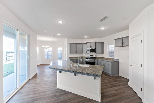 kitchen featuring gray cabinetry, a kitchen island with sink, sink, and stainless steel appliances