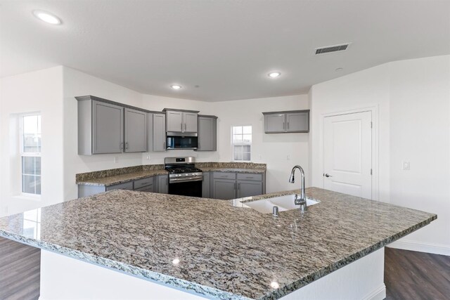 kitchen featuring gray cabinets, a kitchen island with sink, sink, and stainless steel appliances