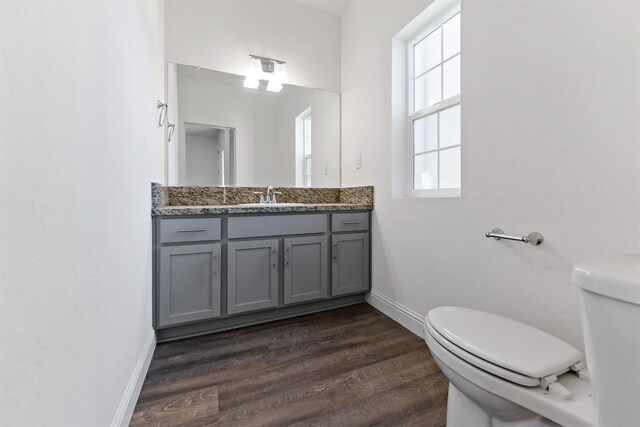 bathroom featuring toilet, vanity, and hardwood / wood-style flooring