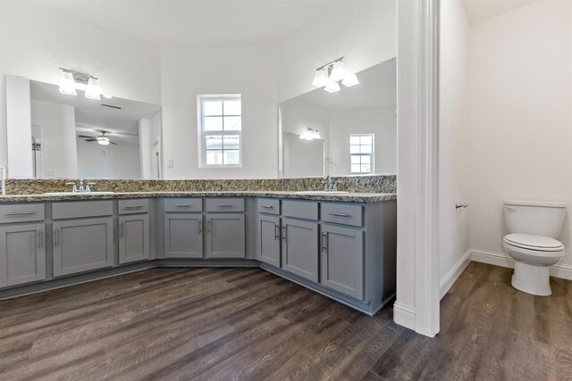 bathroom featuring wood-type flooring, vanity, ceiling fan, and a healthy amount of sunlight