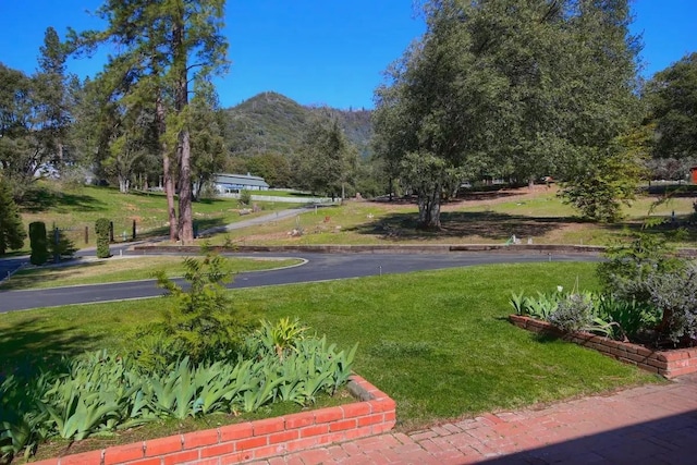 surrounding community with a yard and a mountain view