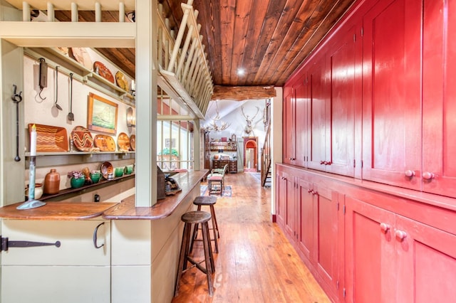 kitchen featuring dark brown cabinets, wood ceiling, and light wood-type flooring