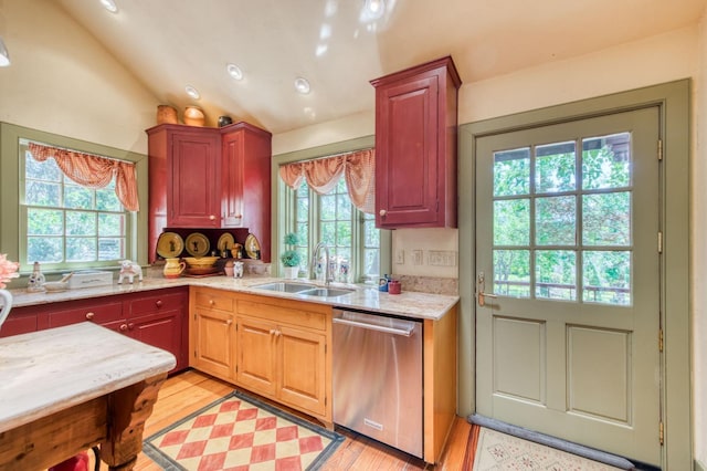 kitchen featuring a sink, lofted ceiling, stainless steel dishwasher, and a wealth of natural light