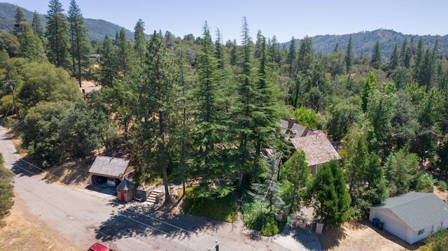 drone / aerial view with a mountain view and a forest view