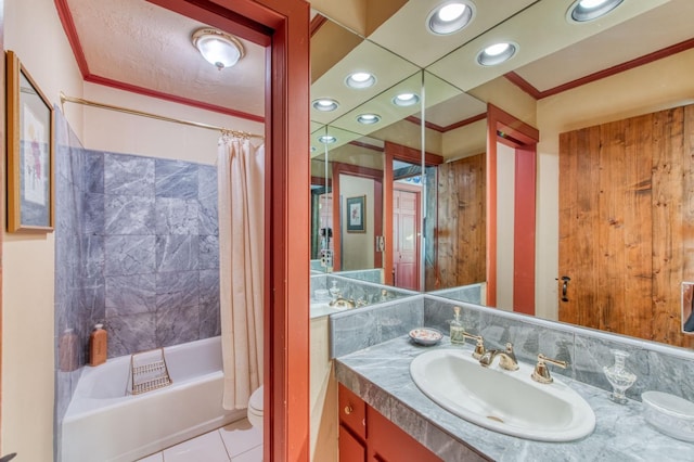 full bath featuring vanity, shower / bathtub combination with curtain, crown molding, toilet, and tile patterned floors