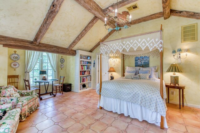 bedroom featuring baseboards, visible vents, vaulted ceiling with beams, and an inviting chandelier