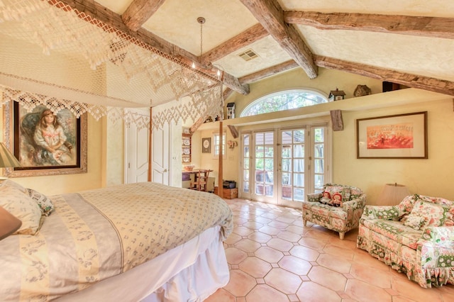 bedroom featuring visible vents, beam ceiling, a notable chandelier, french doors, and access to exterior