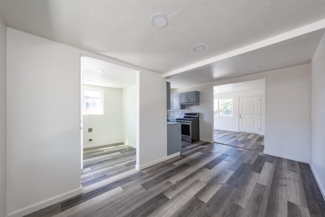 kitchen featuring a textured ceiling, stainless steel range oven, a wealth of natural light, and dark hardwood / wood-style floors