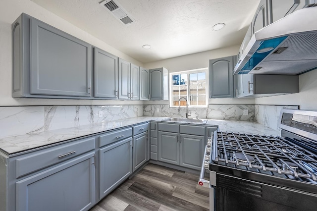 kitchen featuring stainless steel range with gas cooktop, exhaust hood, backsplash, gray cabinetry, and sink