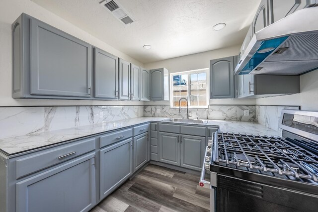 1845 N 10th Ave, Hanford, CA 93230 - kitchen featuring stainless steel range with gas cooktop, extractor fan, gray cabinets, a sink, and recessed lighting