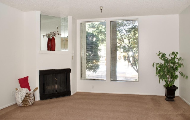 doorway featuring a textured ceiling, a multi sided fireplace, and carpet flooring